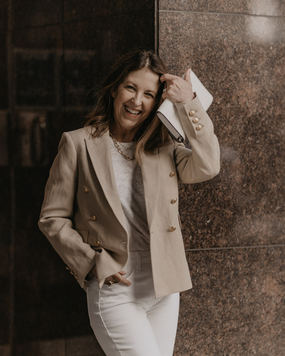 White T-shirt, Blazer and White Denim