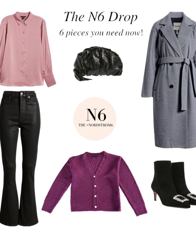 Pink button-up, black pouch-style clutch, grey wrap overcoat, black cated jeans, cardigan, black booties