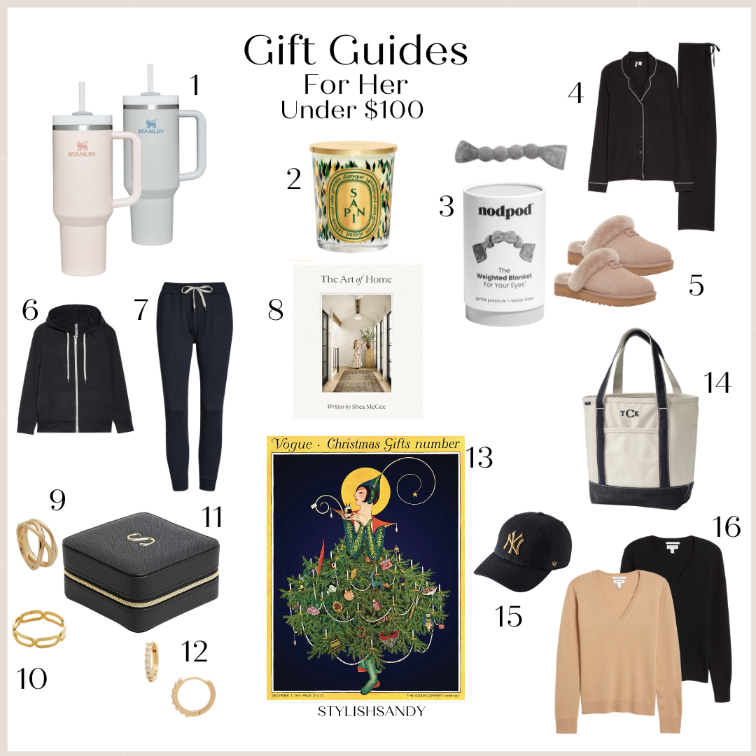 This is a Gift guide for gifts for her that are under $100. Stanley cup, joggers, pajamas, slippers, jewelry, sweaters, totes, a book and puzzle. 