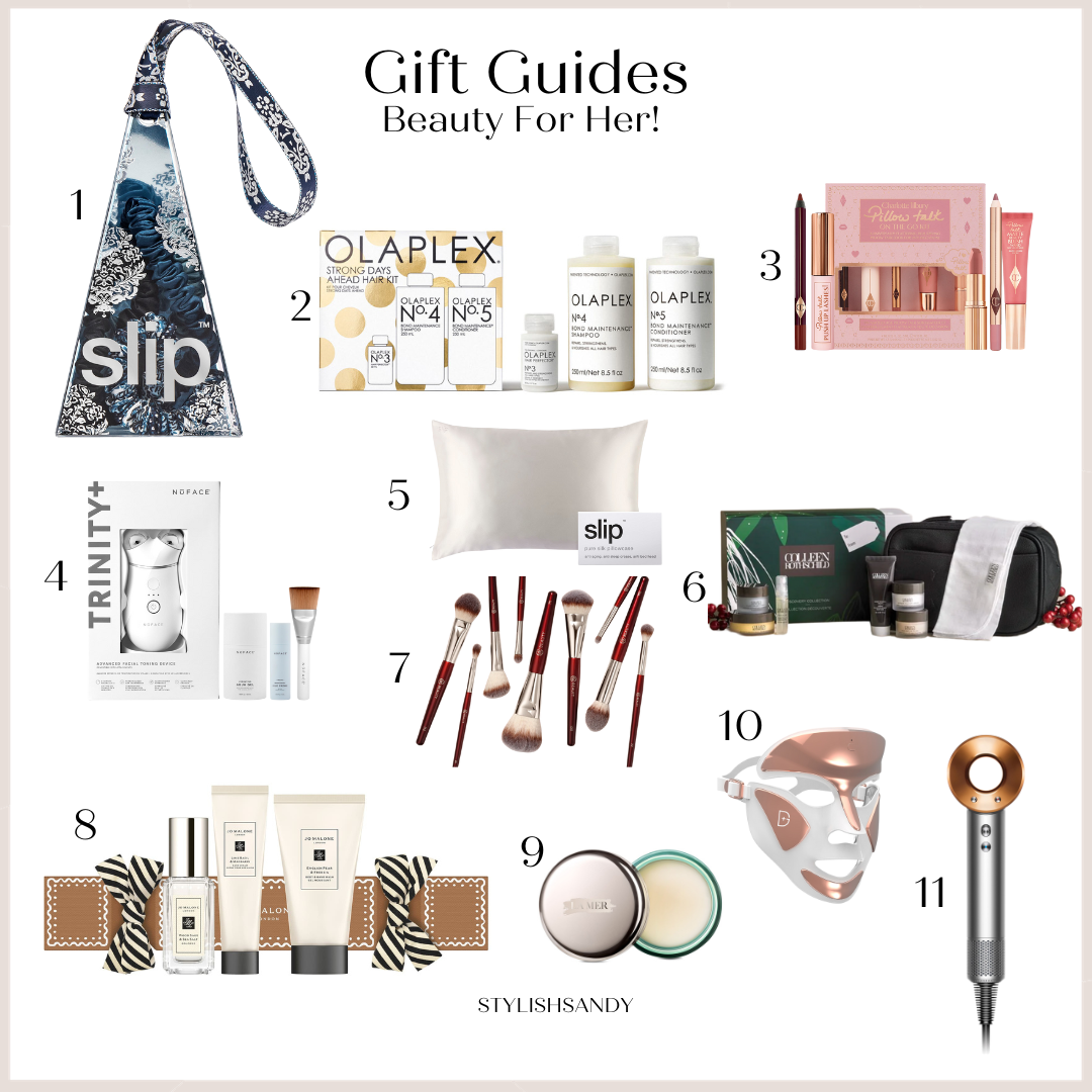Gift Guides- Beauty for Her. Gifts l like hair ties, hair products, beauty kits, skincare kit, hair dryer, makeup brushes, Nuface, and Jo Malone fragrance kit.