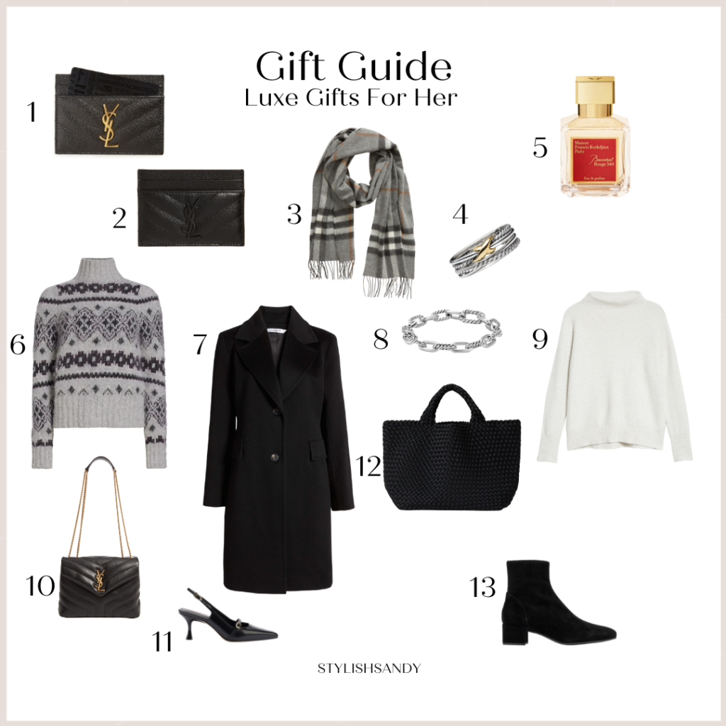 Gift Guide- Understated Luxe gifts for her. Credit card holder, scarf, jewelry, tote, handbag, boots, slingback heels, cashmere sweaters, fragrance. 