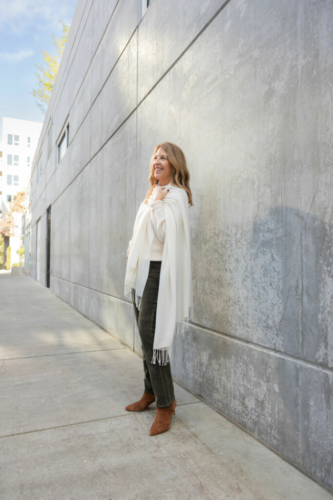 White Cashmere scarf and sweater, corduroy and brown boots