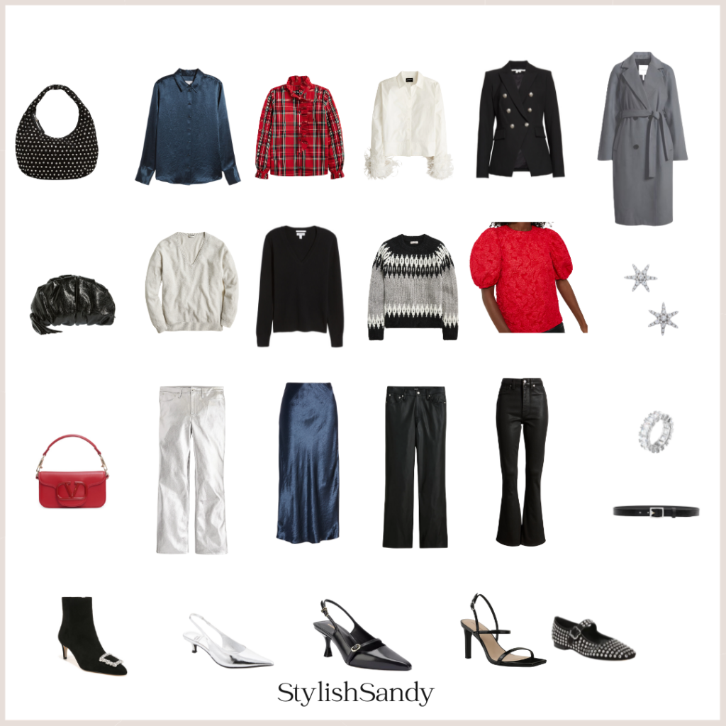 Pieces to mix and match to create multiple outfits for the holidays. Fair Isle sweaters, skirts, plaid shirts, longline coat, faux leather pants, coated jeans handbags, boots, Slingbacks and Mary Jane flats