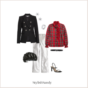 Holiday outfit. Black blazer, metallic pants, red plaid shirt, black clutch, black belt, heel.