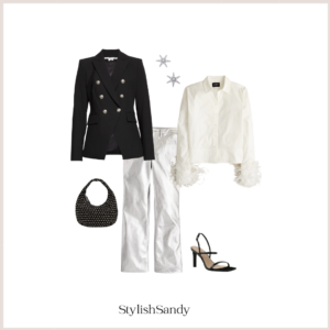 Holiday outfit. Black blazer, metallic pant, crystal star earrings, white button up with feathers on cuffs, black crystal shoulder bag, black sandal