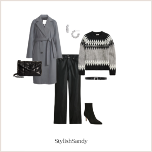 Grey belted longline coat, faux leather pants, Fair Isle sweater, black shoulder bag, black boot, black belt, silver hoops