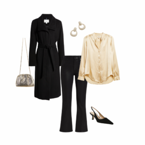 Black longline wrap coat, gold button up, metallic hanbag, black flare jeans, gold earrings, black slingback shoe.