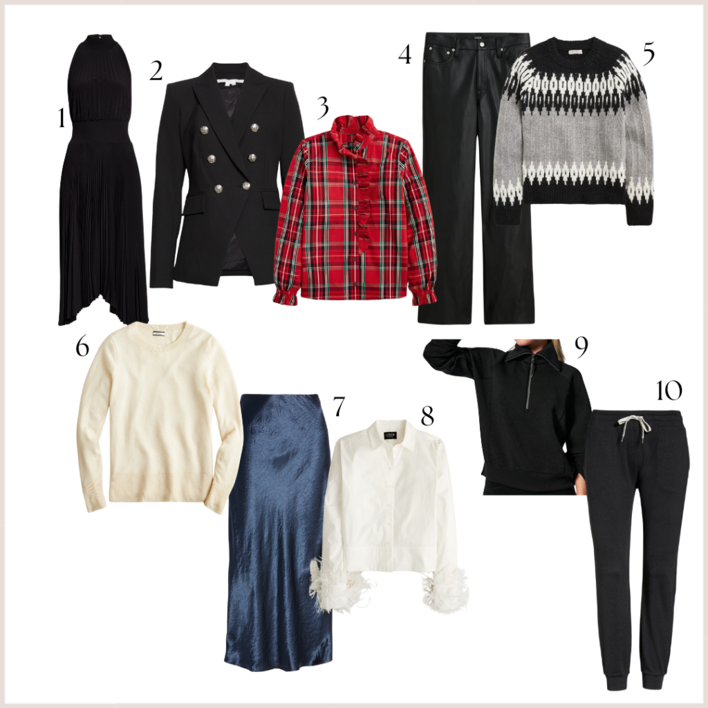 The best of November including an ALC dress, blazer, plaid shirts, fair aisle sweater, cashmere sweater, Spanx 3/4 zip, joggers, faux leather pants and a silky skirt.