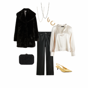 Black faux fur coat, faux leather pants, ecru blouse, gold metallic slingback, black clutch.