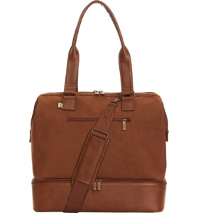 Cognac color weekender bag with padded computer sleeve.