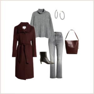 Bordeaux longline coat, gray cable knit turtleneck sweater, grey jeans, boots, silver hoop earrings and bucket bag.