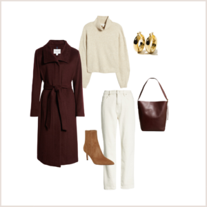 Bordeaux longline coat, turtleneck, ivory jeans boots, gold hoop earrings and bucket bag.