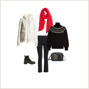 White hybrid jacket, red scarf, black fair Isle turtleneck, Chelsea boot and black crossbody. 