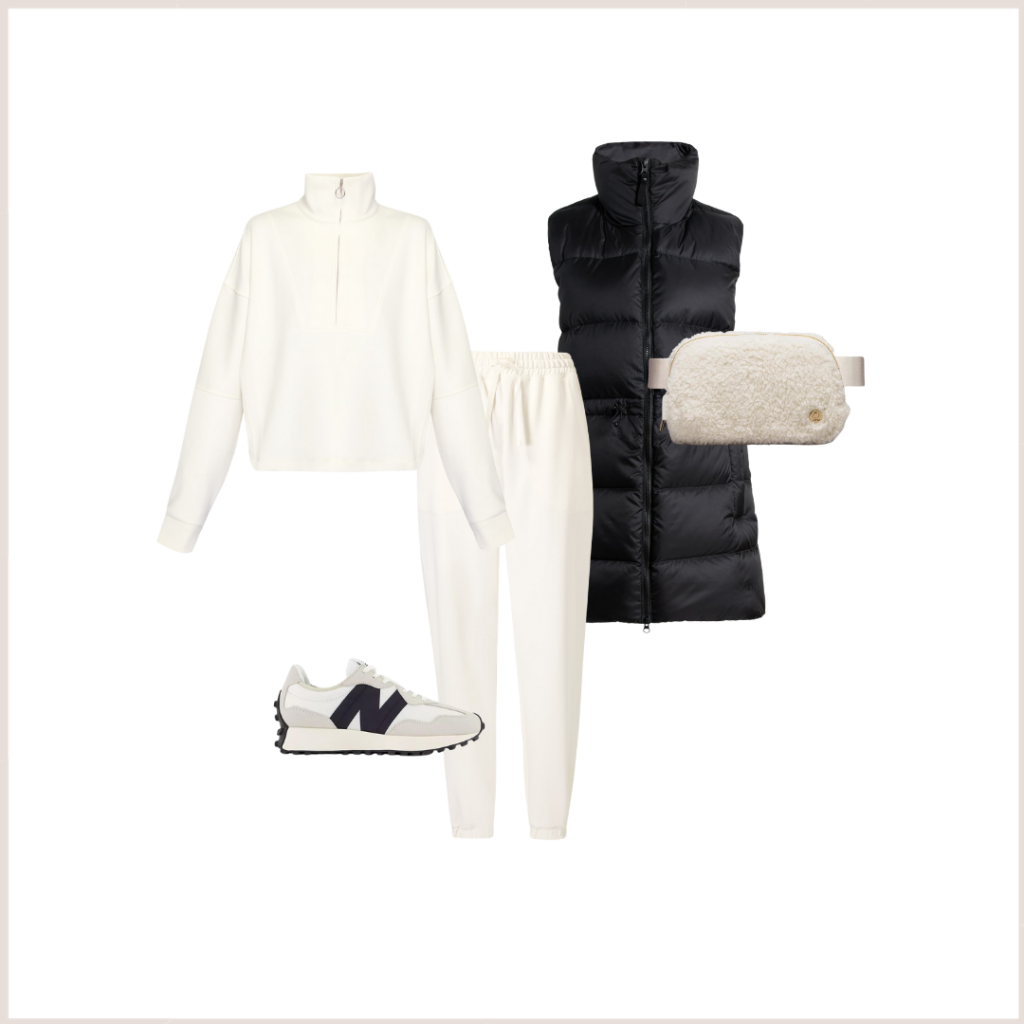 Ivory joggers and half-zip pullover with long black puffer vest, NB 327 sneakers and Shearling belt bag.