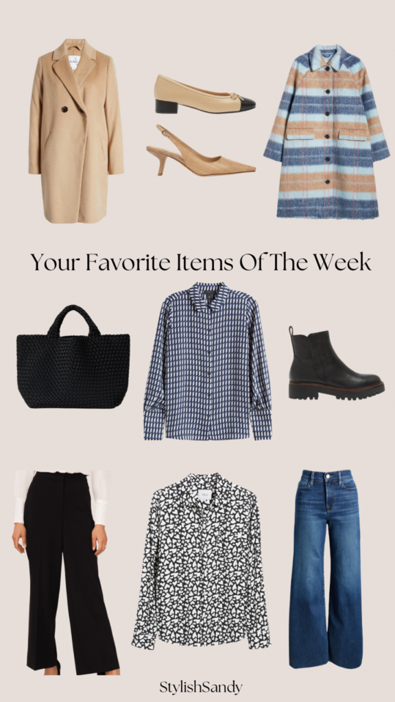 Your favorite items of the week including overcoats, jeans, button-up tops, tote bags, boots, ballet flats and Chelsea boots.