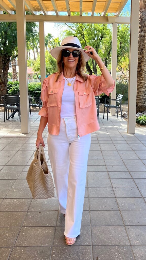 Outfit combination thats versatile and works every time. Monochromatic base layer and add a peach fuzz color topper as a 3rd piece. Add a bisque color woven tote an hat. 