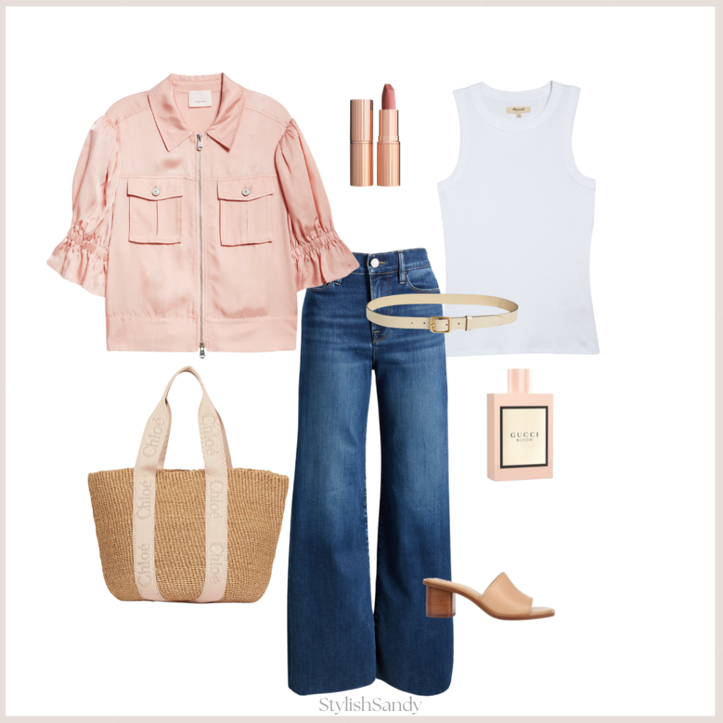 Spring outfit including peachy color short sleeve jacket, wide-leg jeans, tank top, belt, tote, slide, lipstick and fragrance.