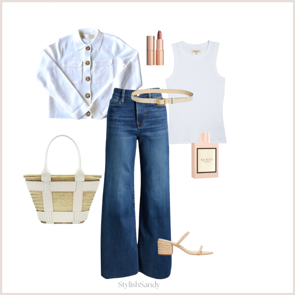 Spring outfit including button up cardigan, wide-leg jeans, tank, tote, slide, belt, lipstick and fragrance,