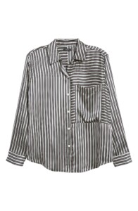 Rails Spencer Stripe Silk Shirt. Includes pistachio green, black and pink stripes with a patch pocket. 
