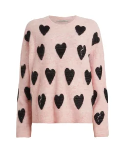 Allsaints Amora crewneck sweater.Pink background with black hearts.
