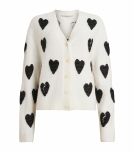 AllSaints Amora cardigan. White Background with black hearts.