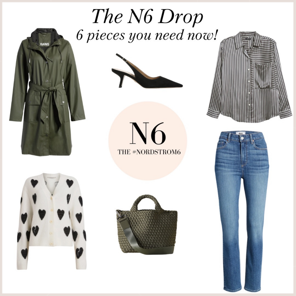 January N6 Drop It includes 6 pieces that stylists agree make nice additions to your wardrobe. Green Raincoat, black slingback heel, stripe satin button-up, straight denim, water-resistant trending handbag, heart cardigan. 