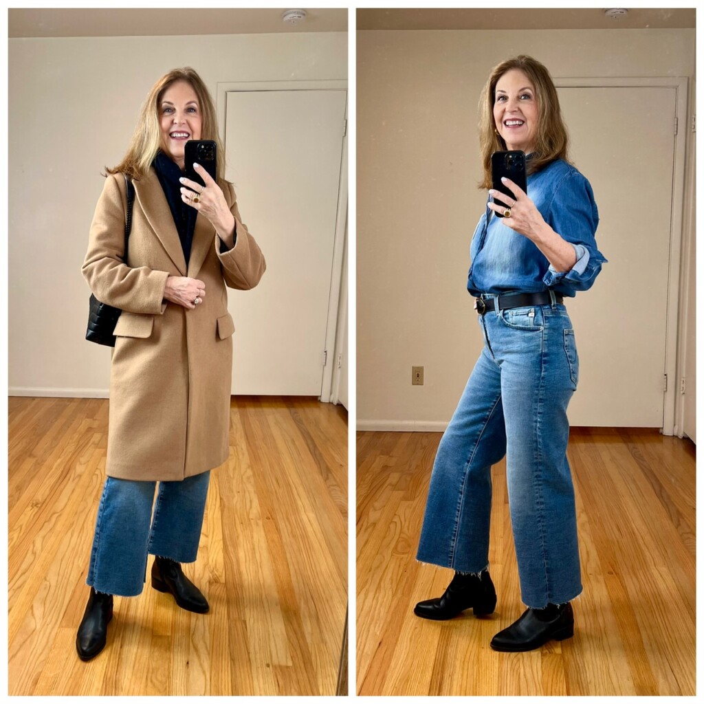 Casual outfit of the day. wearing a monochromatic head to toe look with a denim shirt and wide-leg cropped jeans. The Canadian tuxedo look. I layered a timeless camel coat over the top and complete the look with black accessories. 