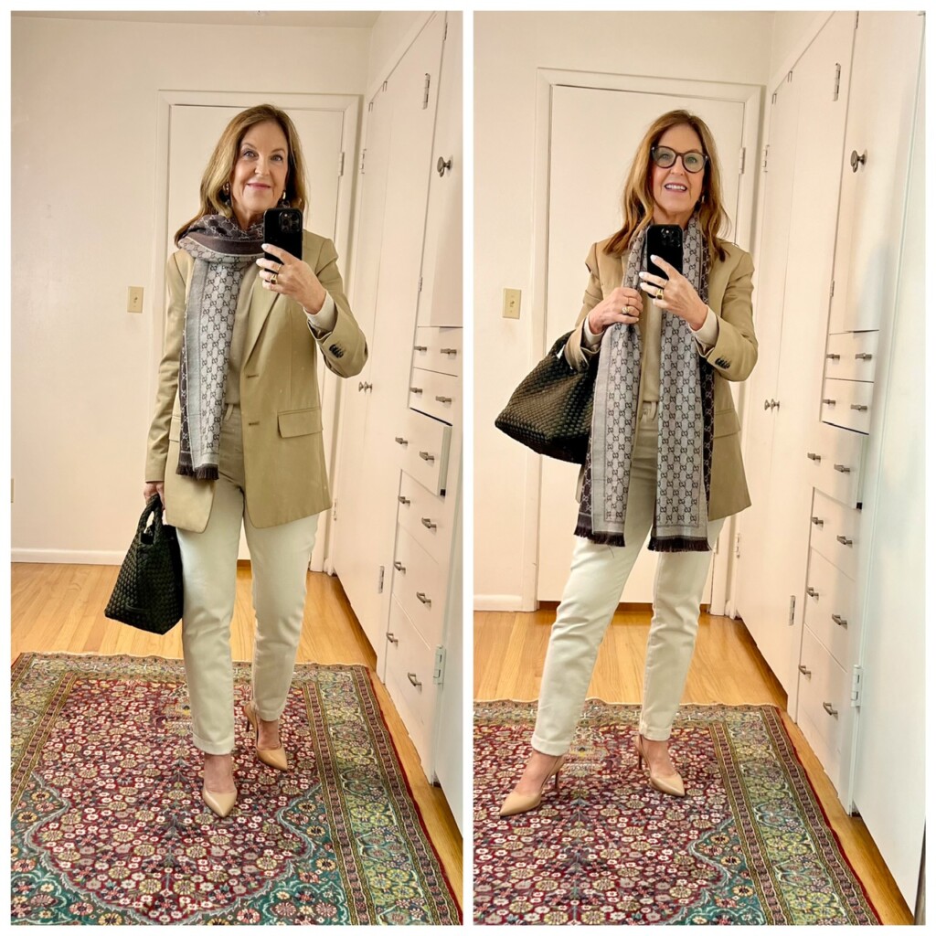 Outfit of the day. Ecru pants and sweater, finishing with tonal color oversized blazer, brown Gucci scarf, nude slingback heels and a green woven crossbody/top handle bag.