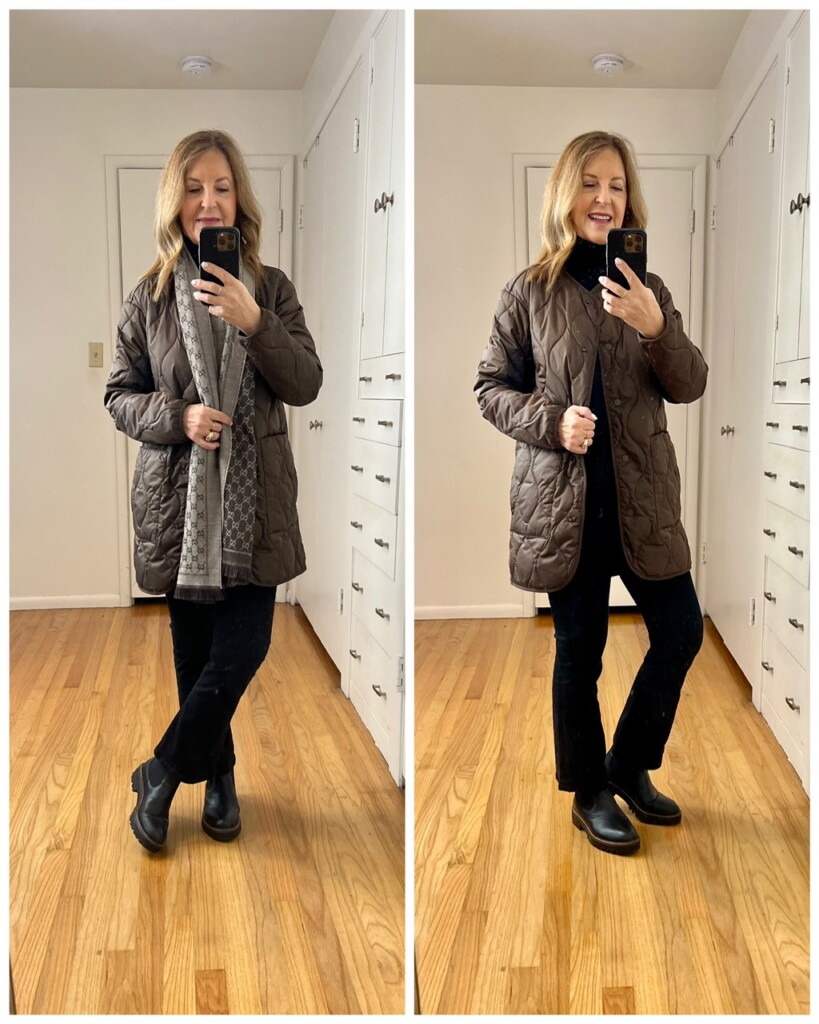Outfit of the day. I combined a trending color combination, brown and black. I’m wearing a black turtleneck, black boot-cut jeans, black Chelsea boots and a brown quilted coat. A brown Gucci scarf was added too. 