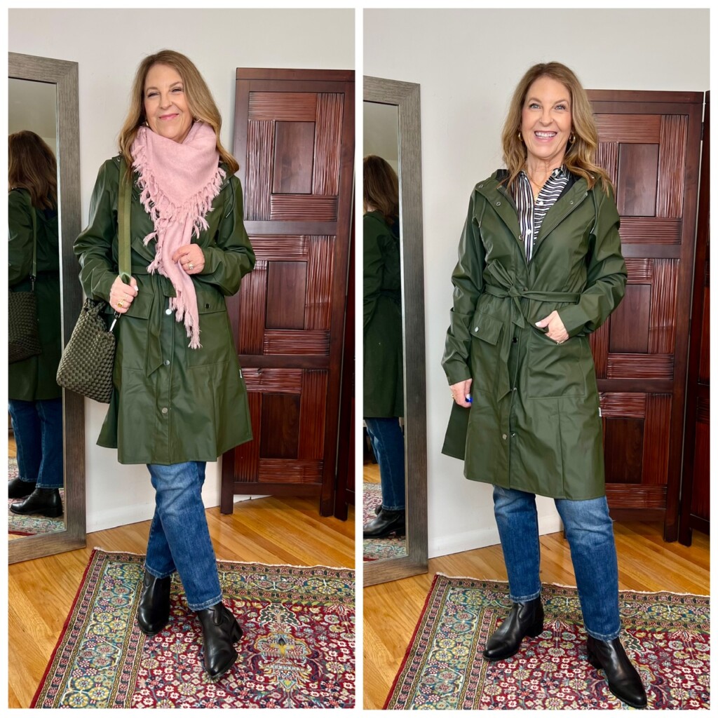 Outfit of the day. I’m mixing green and pink this winter as a mood booster. Starting with a waterproof green coat, a pink scarf, pink and green button up, straight-leg jeans and waterproof boots. I added a woven, water-resistant crossbody. 