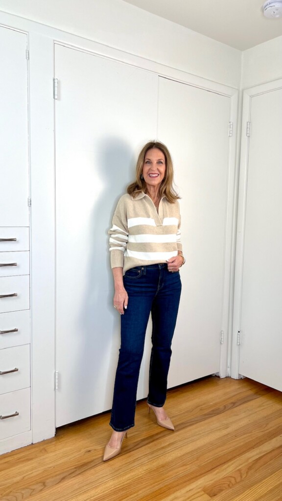 Velvet striped sweater amd Madewell jeans. 