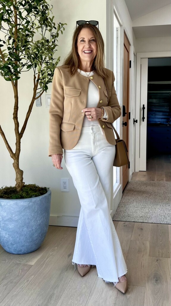 Veronica Beard Camel jacket and white Mother roller Jean.