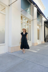 Black dress by Rails, straw bucket hat and straw bag.