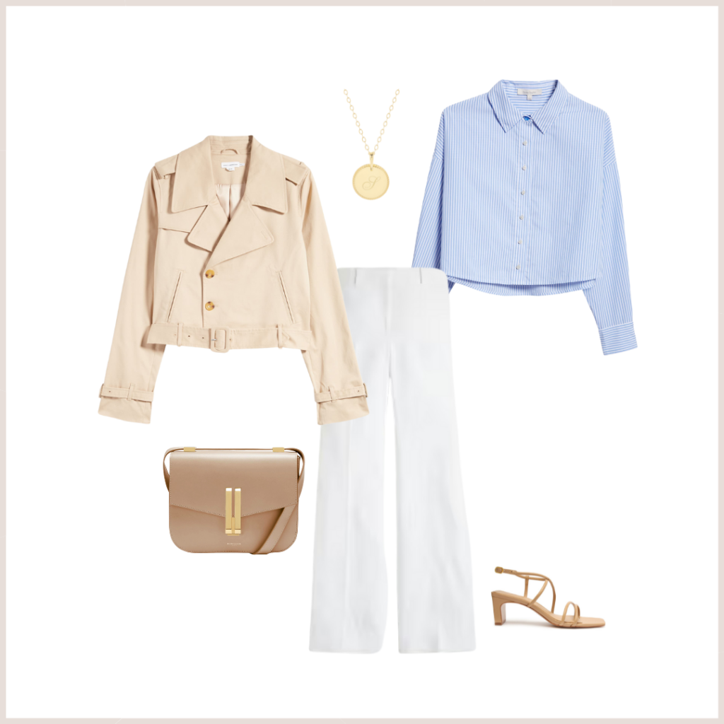 style board incluing cropped trench, button up, white trousers, handbag and sandal
