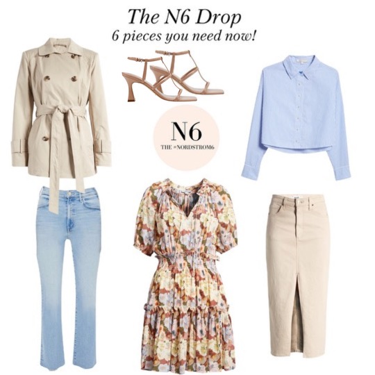 The March N6 Drop. ^ pieces ypu need right now. Cropped trrench, strappy sandals, cropped striped button up, light wash jeans, spring dress and ecru jean skirt.
