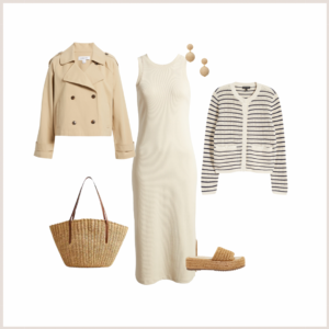 Stripe cardigan, cropped trench, knit dress and accessories