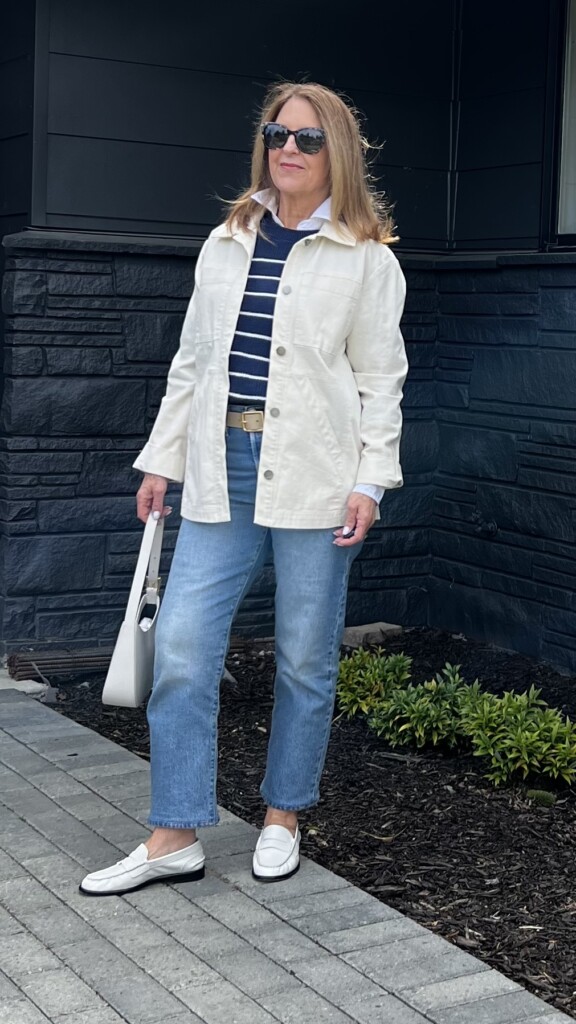 Vintage jacket, stripe sweater, jeans loafers and shoulder bag