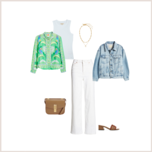 Tropical green button up, white jeans, denim jacket an accessories.