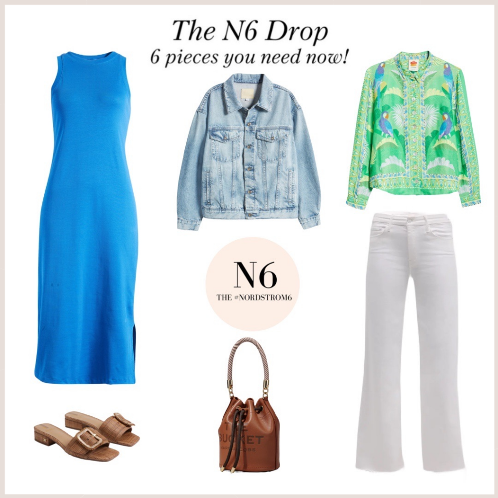 The April N6 Drop. Knit dress, denim jacket, colorful top, white wide-leg jeans, cognac bac and slides.
