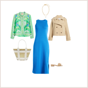 Tropical green button up, trench coat, knit dress and bag