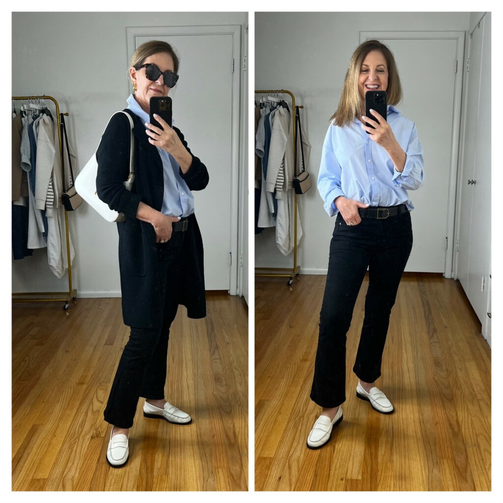 OOTD when WFH or running errands. French blue button up, black jeans, white loafers, black cardigan and shoulder bag.