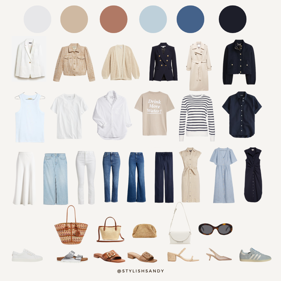 Spring capsule wardrobe. Shades of white, tan and blue