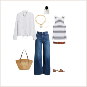 Stripe tank, white jacket and wide-leg jeans