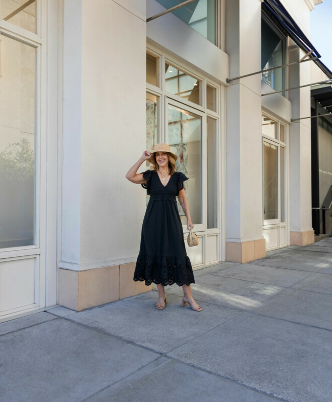 J.Crew hat and clutch, Rails dress, Nordstrom slide