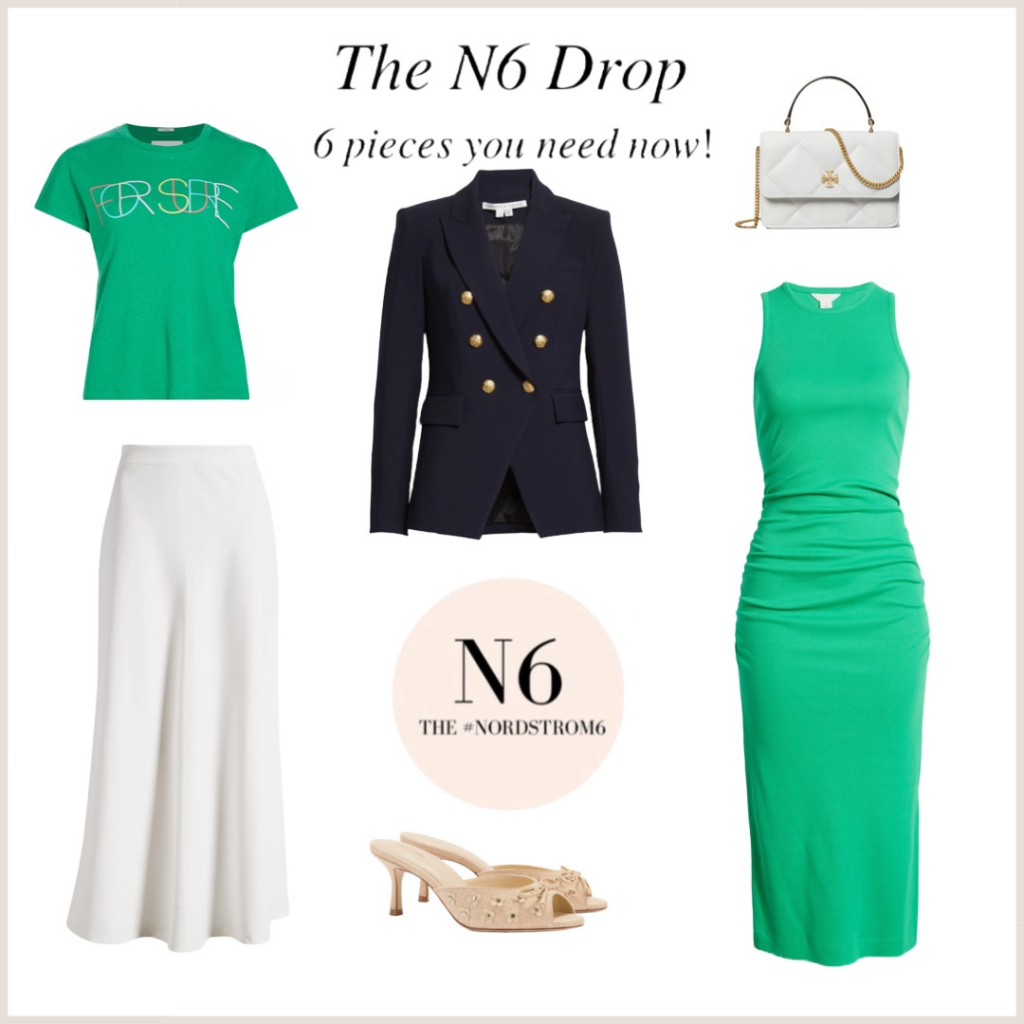 The May N6 drop. Mother t-shirt, Veronica Beard Miller blazer, Tory Burch Top Handle bag, Halogen skirt, Larroude heel, Caslon ruched dress.