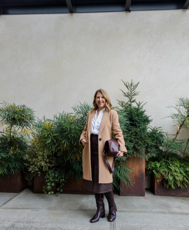 Untuck it faux leather skirt, white button up, boots, camel coat