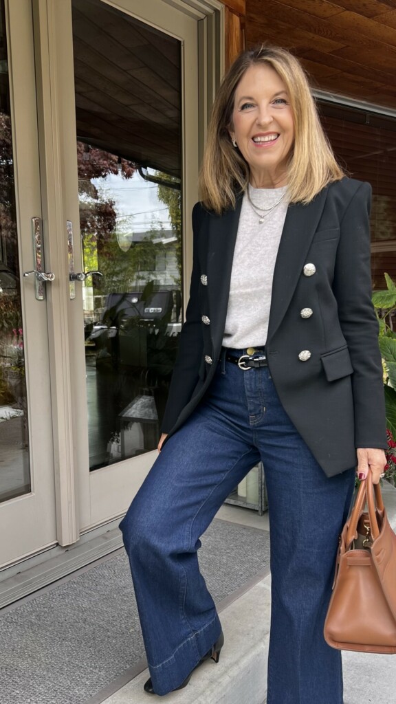 Veronica beard Miller blazer, Caslon wool and cashmere sweater, J.Crew jeans, chico boots