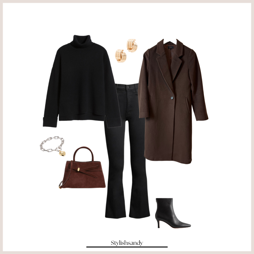 Brown and black outfit. Mother hustler jeans, turtleneck, brown coat and boots