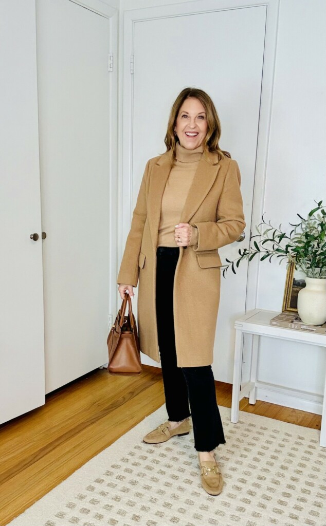 Mother hustler jeans, and camel coat, turtleneck shoes and bag