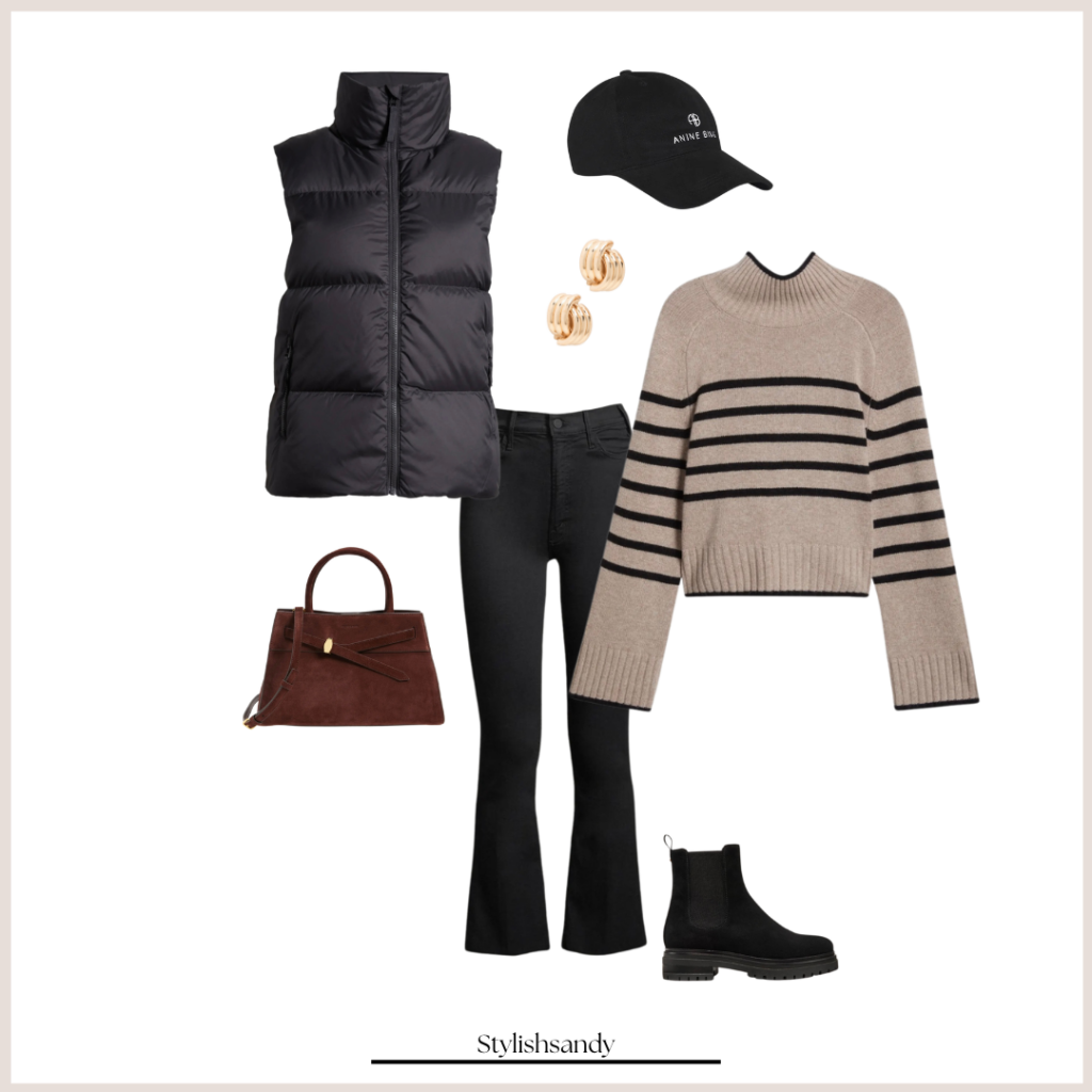 casual mother hustler outfit with puffer, boots, stripe sweater anine bing hat